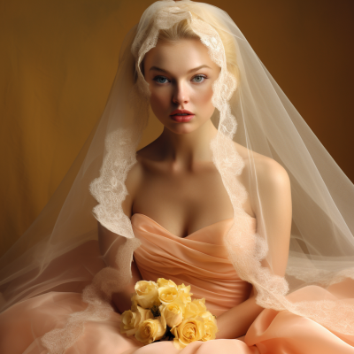 vintage style bridal veil and peach satin sweetheart dress
