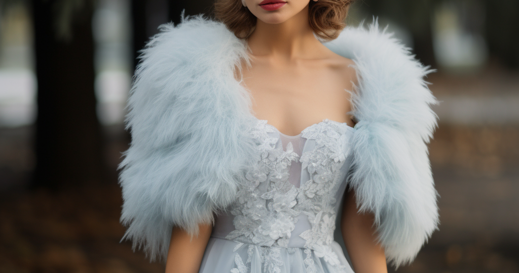 winter bridal boquet cool tones with blue colored faux fur sleeves and baby blue dress