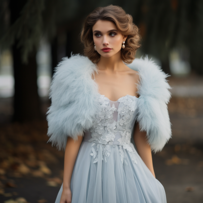 winter bridal boquet cool tones with blue colored faux fur sleeves and baby blue dress