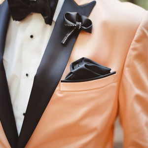 Here we see an elegant bow on a lapel suit. The suit is peach and the lapel is black and the individual is wearing a black bowtie with a white shirt.