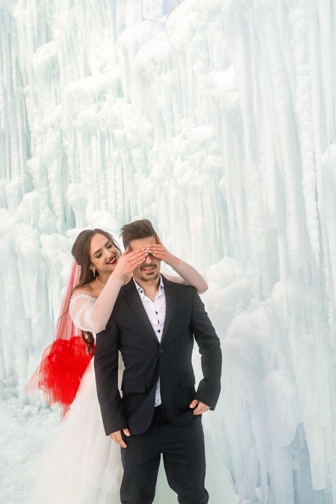 Kalli and Andrea emulate a first look for these bridals at Ice Castles in Midway with Wed Utah.